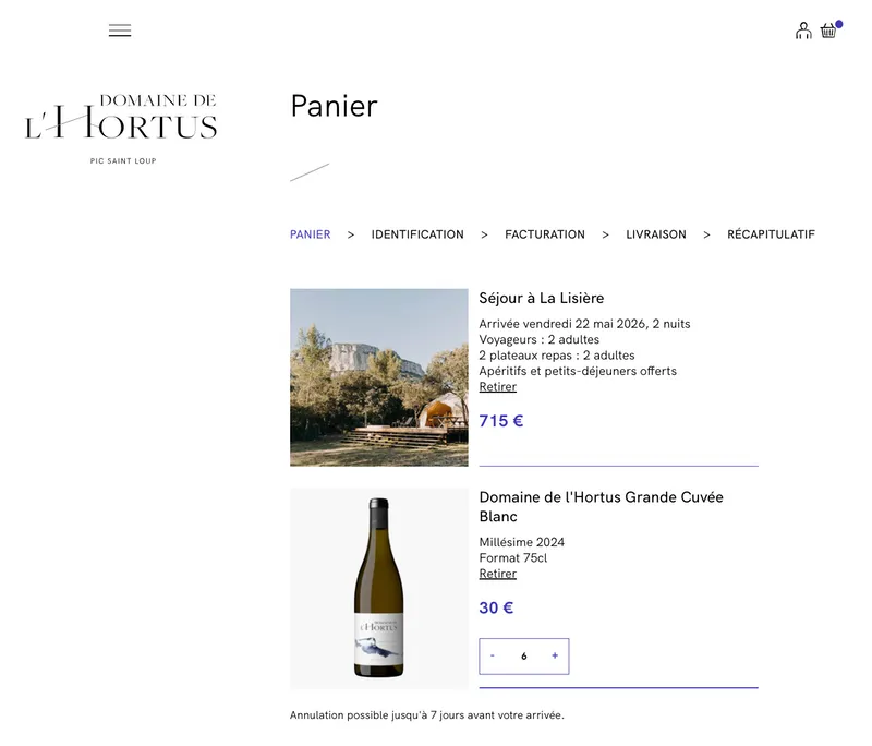 Capture d’écran d’un panier sur la boutique en ligne du Domaine de l’Hortus présentant une réservation d’hébergement et du vin