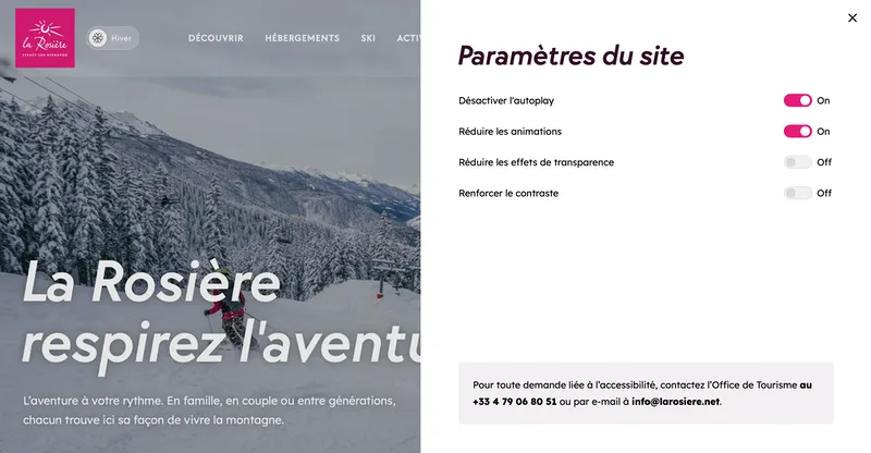 Le panneau « Paramètres du site » de larosiere.net : quatre interrupteurs pour désactiver l'autoplay, réduire les animations, réduire les effets de transparence et renforcer le contraste