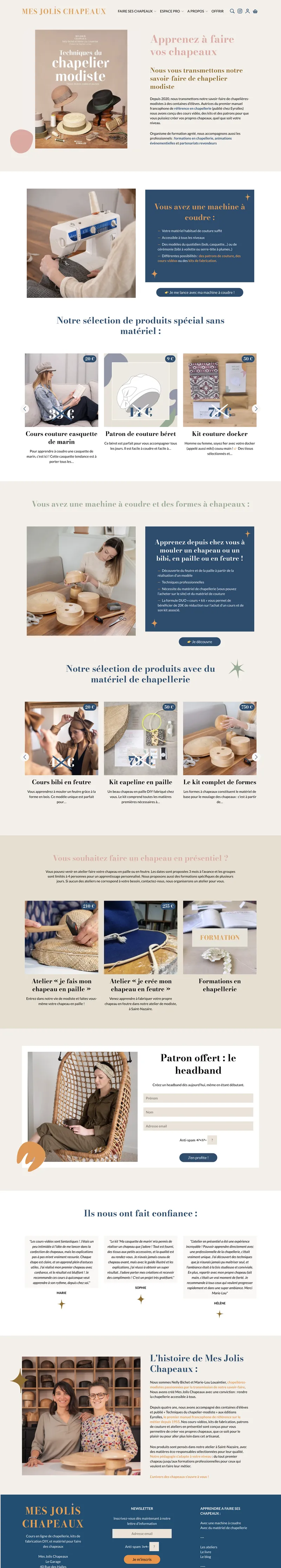 La page d'accueil de mesjolischapeaux.fr, de l'en-tête au pied de page