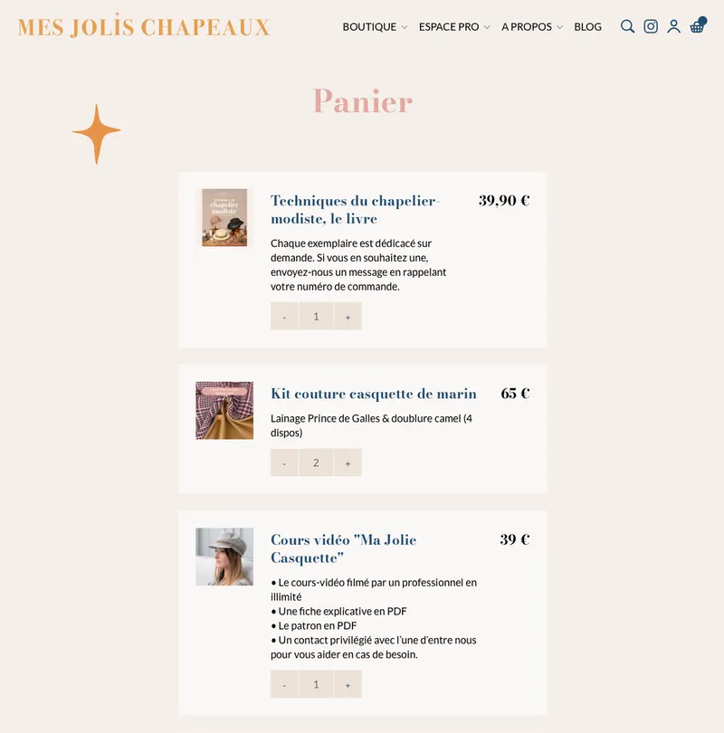 Capture d’écran d’un panier contenant produits physiques et produits virtuels