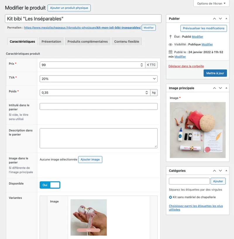 Capture d’écran d’un produit sur mesure dans le back-office