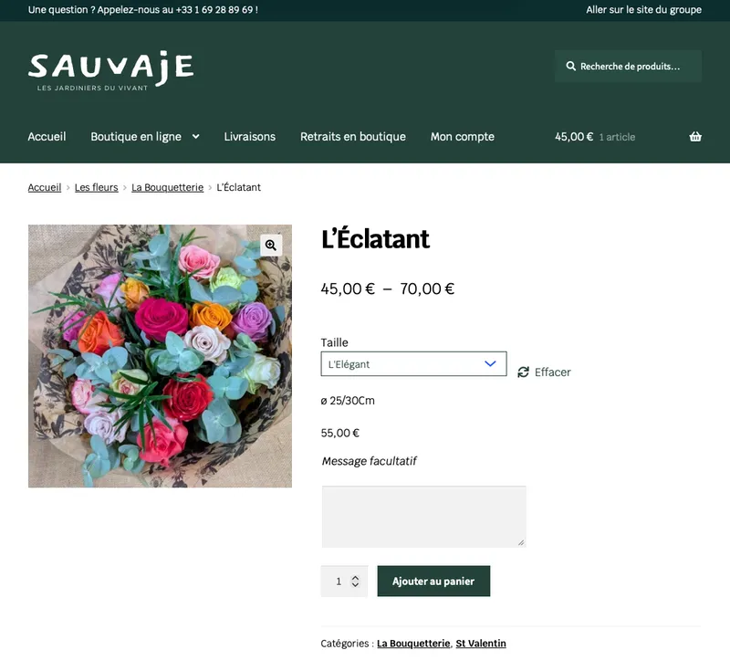La boutique en ligne de Sauvaje : fiche produit d'un bouquet, avec le choix de la taille, un message facultatif et l'ajout au panier